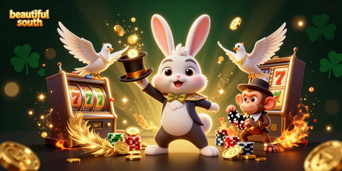 Experience stunning gameplay at beautifulsouth with a vibrant 3D casino illustration showcasing a magician rabbit, dove, and monkey.