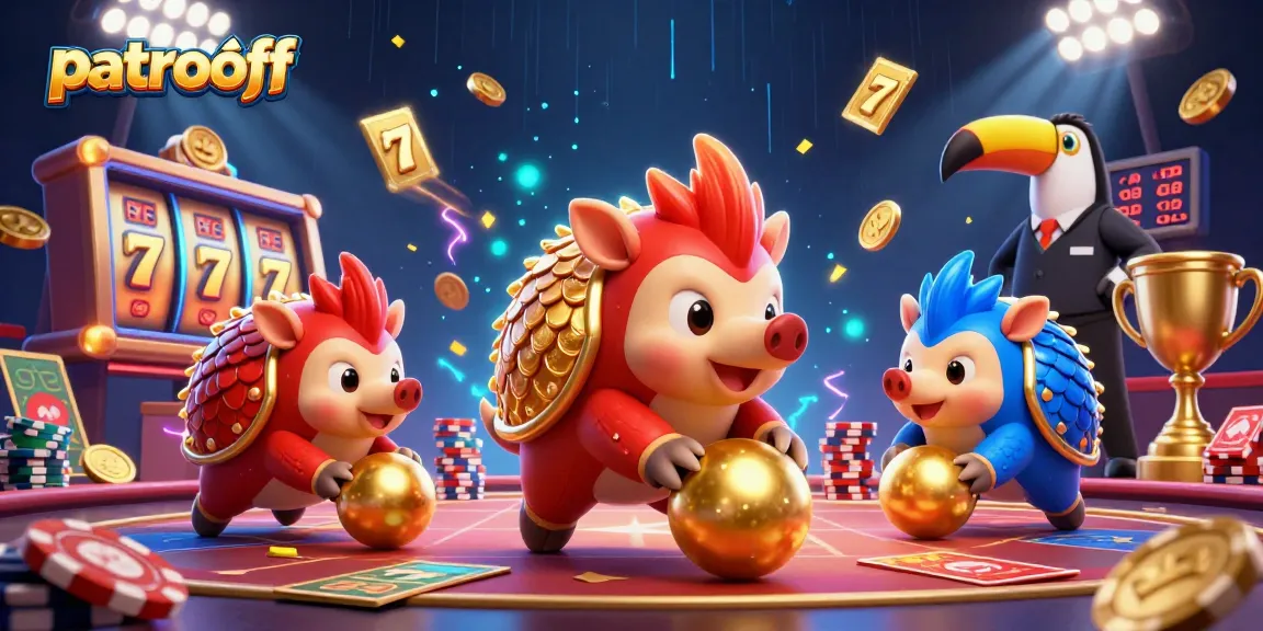 Rolling pangolins in red and blue armor engage in exciting gameplay at patroloff casino.