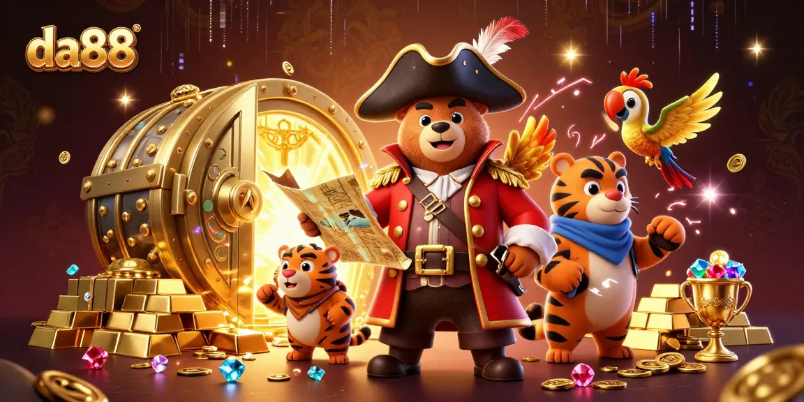 da88 pirate-themed illustration showcasing winning jackpot elements with a bear and tiger.