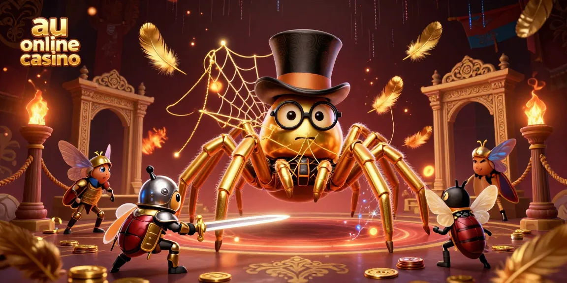 Engage in exciting gameplay at au online casino with a giant tarantula and beetle knight in a vibrant scene.