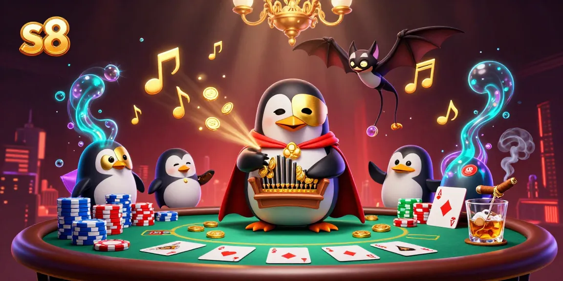 S8 penguin organist pouring golden coins while illuminating poker excitement