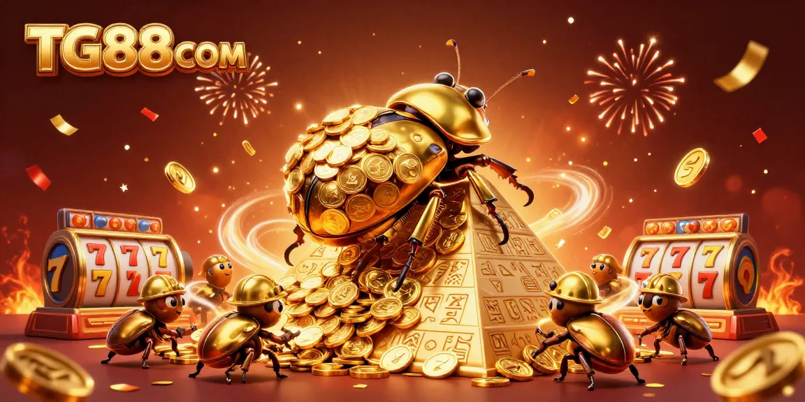 Win big at TG88COM with a golden beetle rolling coins up a jackpot pyramid under festive celebrations.